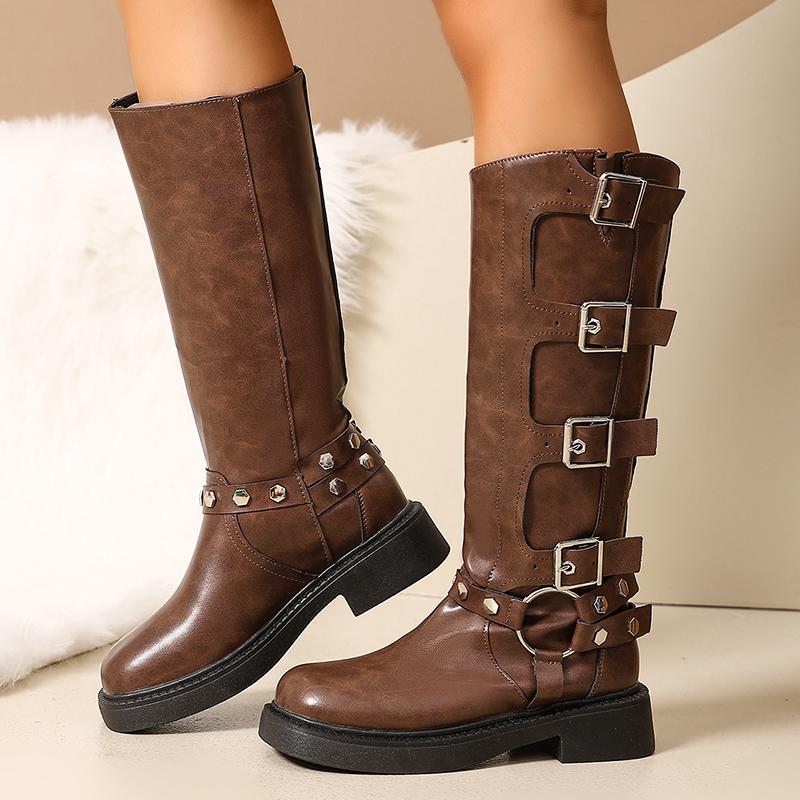 Fashion Fashion Buckle Straps Motorcycle Riding Boots Women Autumn Winter PU Leather Knee High Boots Woman Brown Platform Long Botas
