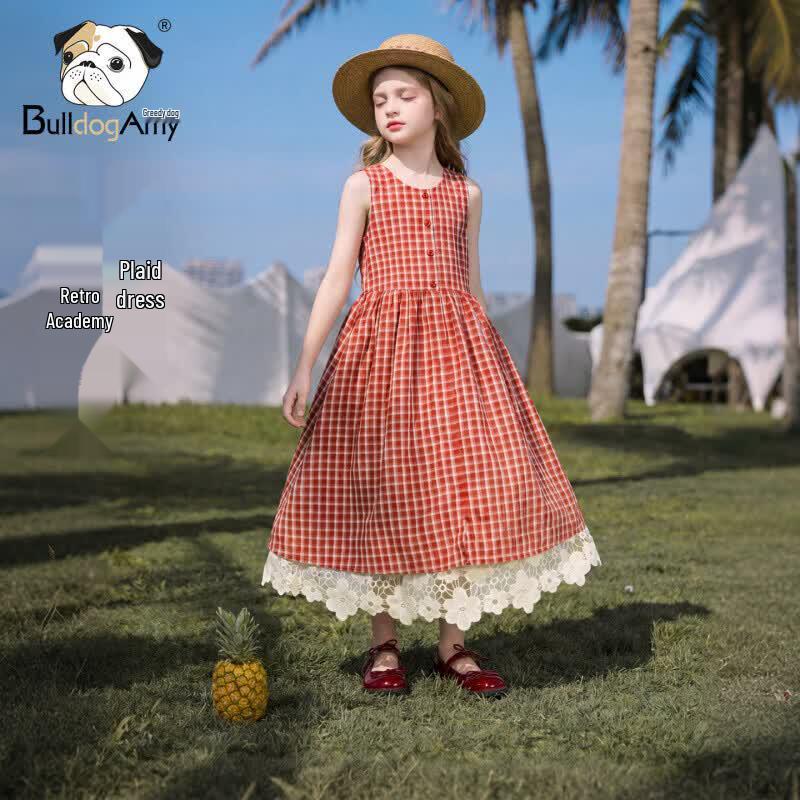 Chanzuigou Girls  Retro Plaid Summer Dress 160 cm