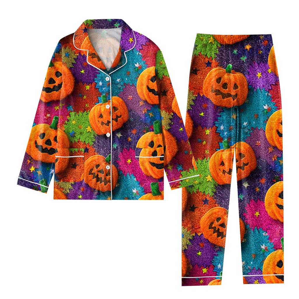 Women's 2 Piece Printed Suit Long Sleeve Button Up Top Wide Leg Pants Suit Set Pajamas Home Casual Suit