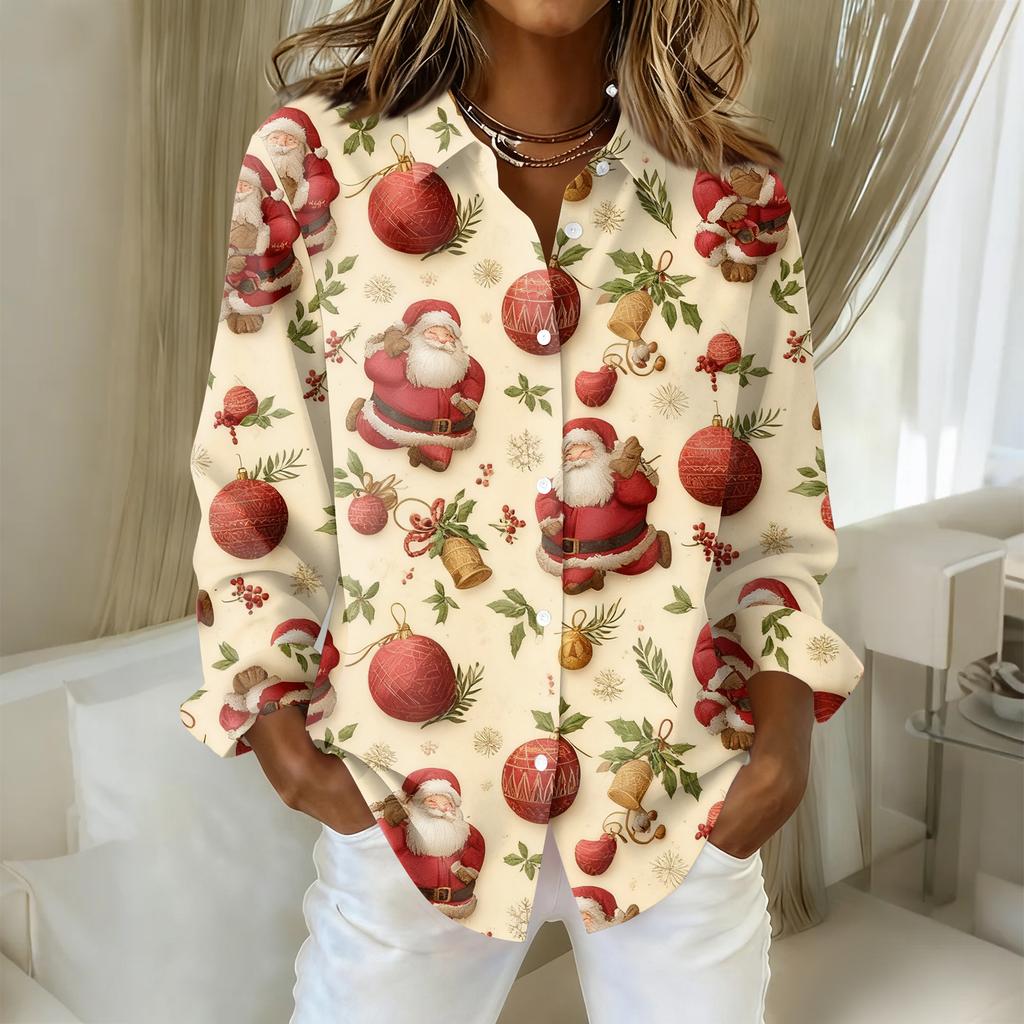 Women's Christmas Printed Button Up Long Sleeved Casual Regular Shirt With Collar Top