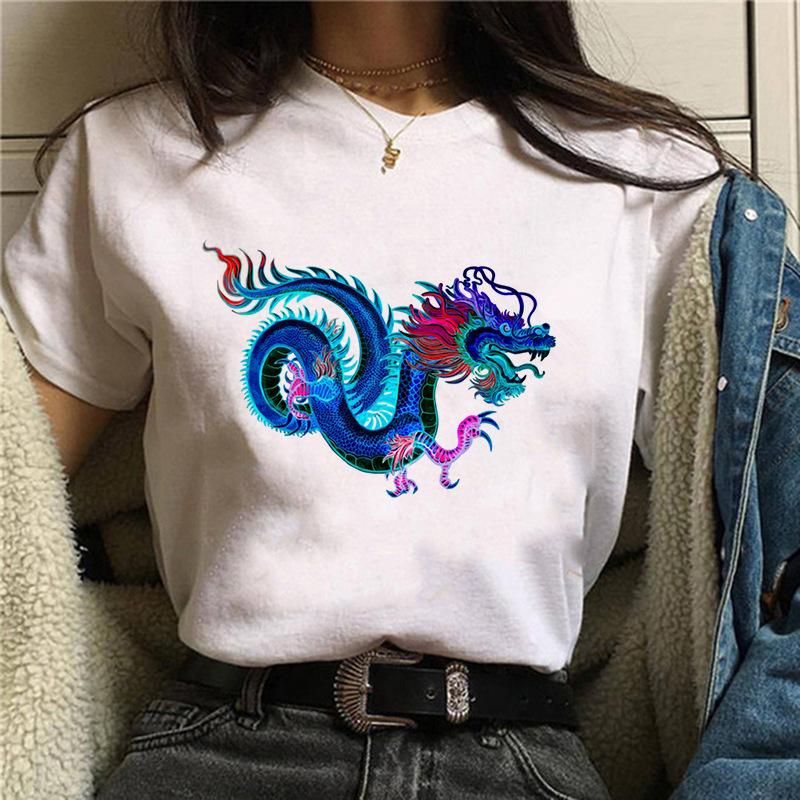 Harajuku Chinese Dragon Print Popular Fashion Trend Largesized Thin Unisexs and Womens Same Shortsleeved Tshirt Graphic