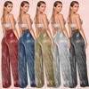 Women's Sexy High Waist Wide Leg Palazzo Lounge Pants Metallic Glitter Bell Bottoms Trousers Rave Party