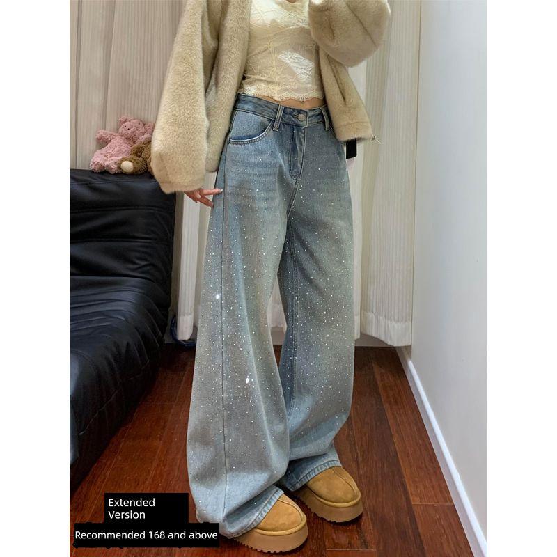

High Street Rhinestone Jeans for Women, New Spring Model for Plus-Size Girls, High-Waisted, Loose-Fitting, Slimming Straight-Leg Wide-Leg Pants Blue, Extended Length 2XL
