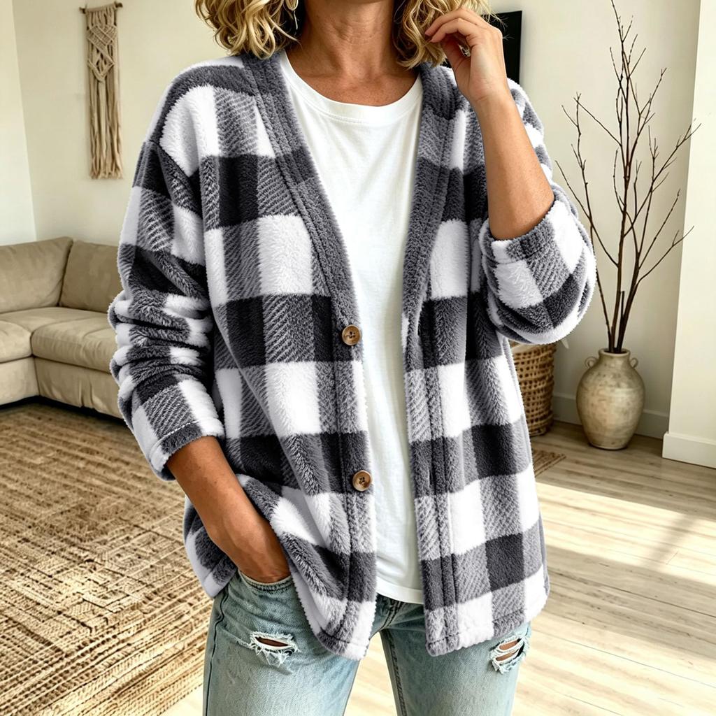 Women's Casual Plaid Cardigan V-Neck Loose Fit Open Front Jacket