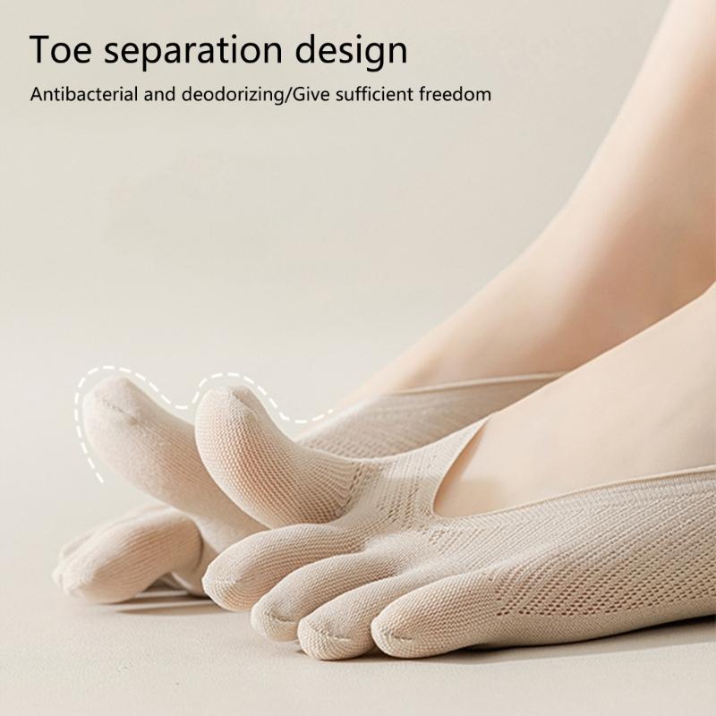 5 Pairs Women's Toe Separated Invisible Socks Breathable Cotton Silicone Grip Antislip Low Cut No Show Design Hosiery