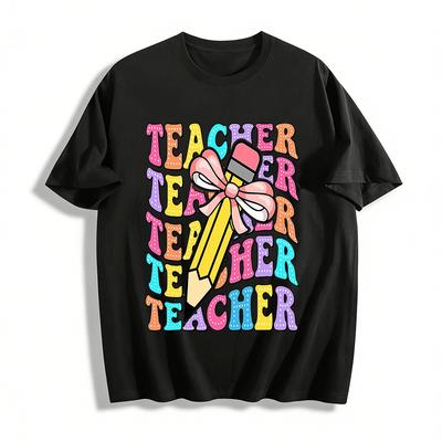 Polka Dot Teacher Pencil Print Casual Top For Educators Pure Cotton T-shirt