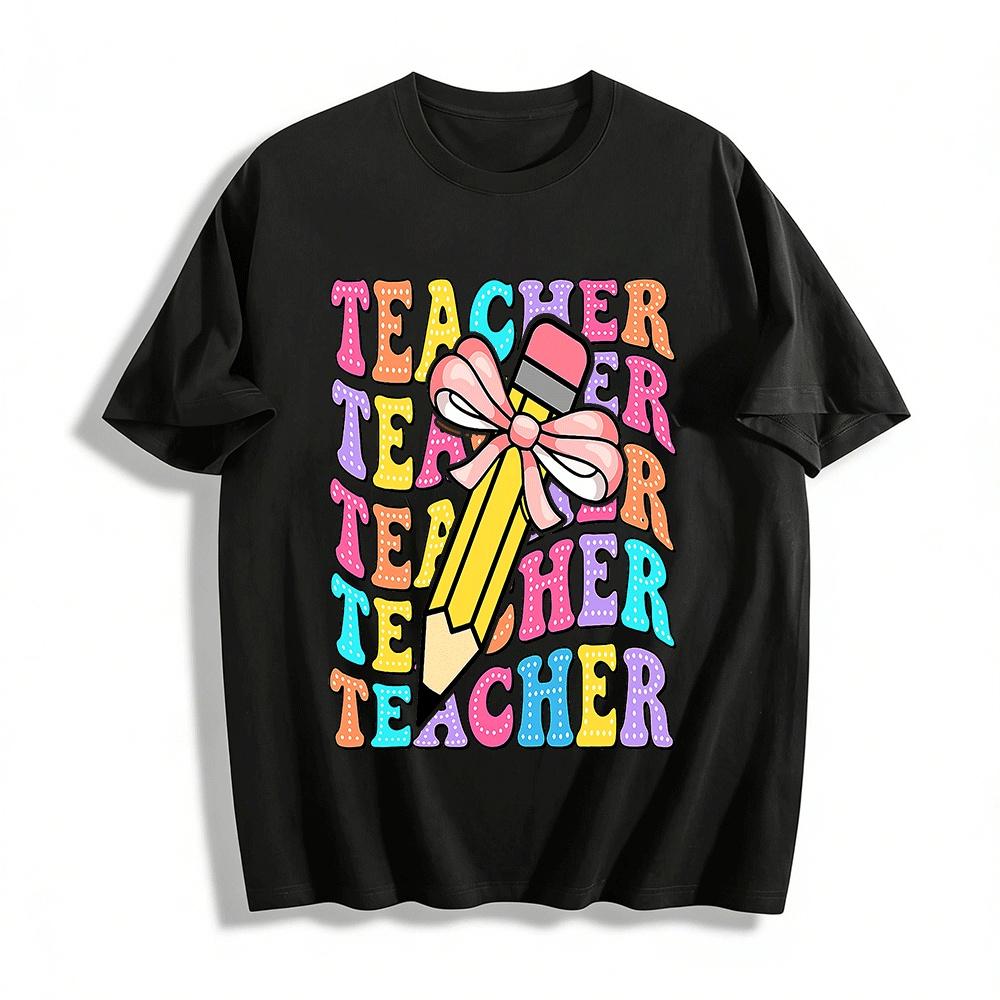 Polka Dot Teacher Pencil Print Casual Top For Educators Pure cotton T-shirt XXS