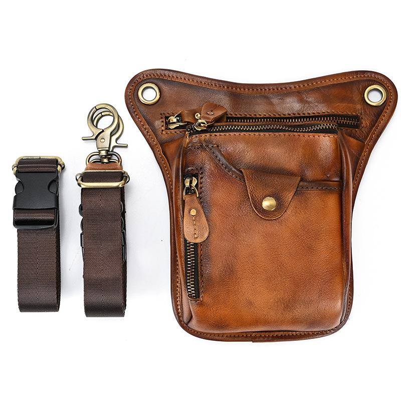 Vintage Men's Leather Motorcycle Leg Bag Small Shoulder Tactical Waist Bag Cow Skin Multifunctional Male Rider Pouch Waist Bag