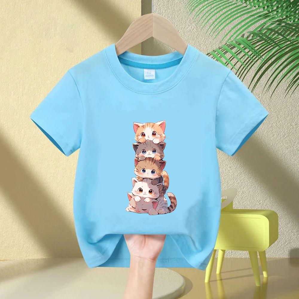 Fashion Funny Cat T Shirt Kids Letter Print Short Sleeve Round Neck Boys Girls Casual Summer Breathable Tshirt
