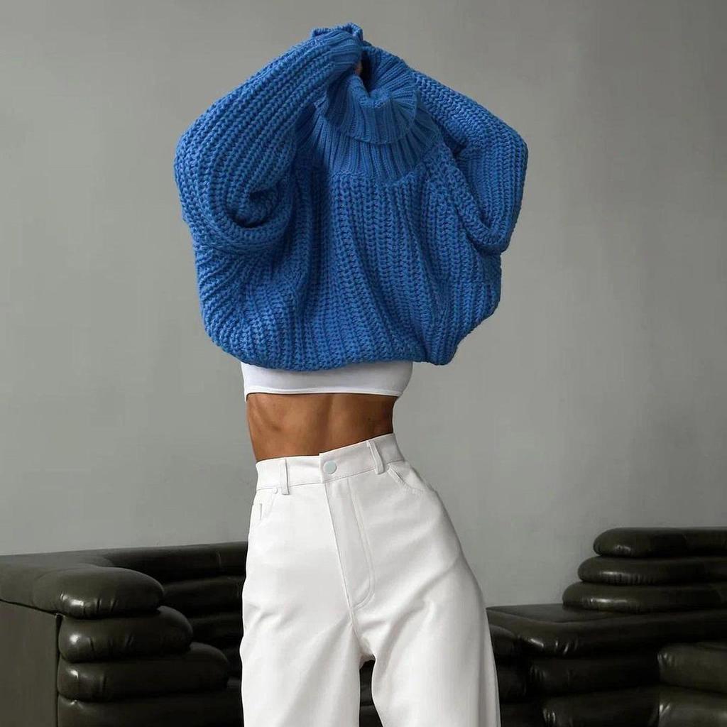 Autumn Winter Vintage Loose Long Sleeve Top Solid Color Pullover Knitwear Stand Collar Sweater