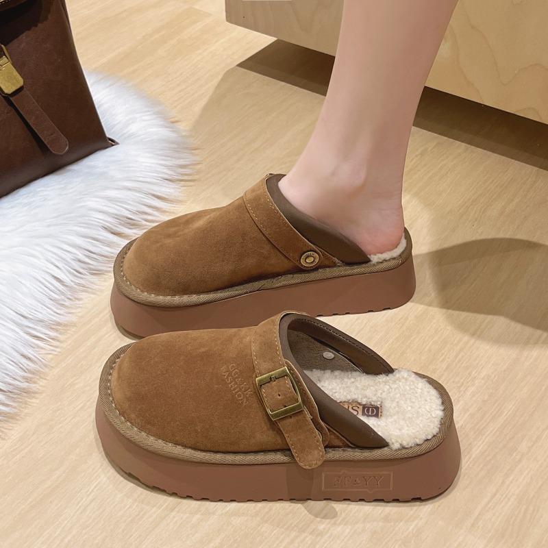 Thick-soled Wear-resistant Shoes for Women's Autumn and Winter New Bag Head Half Slippers for Women To Wear Two Snow Fluffy Slippers