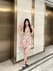 French retro seaside vacation red print floral dress waist sweet summer wind super beautiful women's short skirt