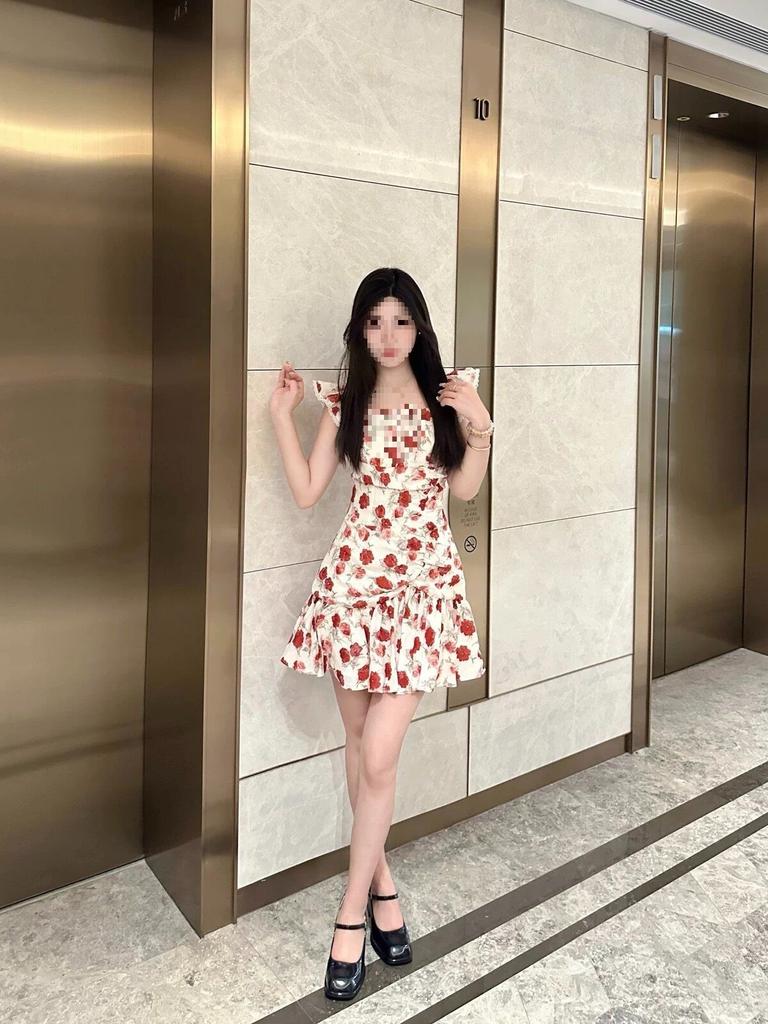 French retro seaside vacation red print floral dress waist sweet summer wind super beautiful women's short skirt