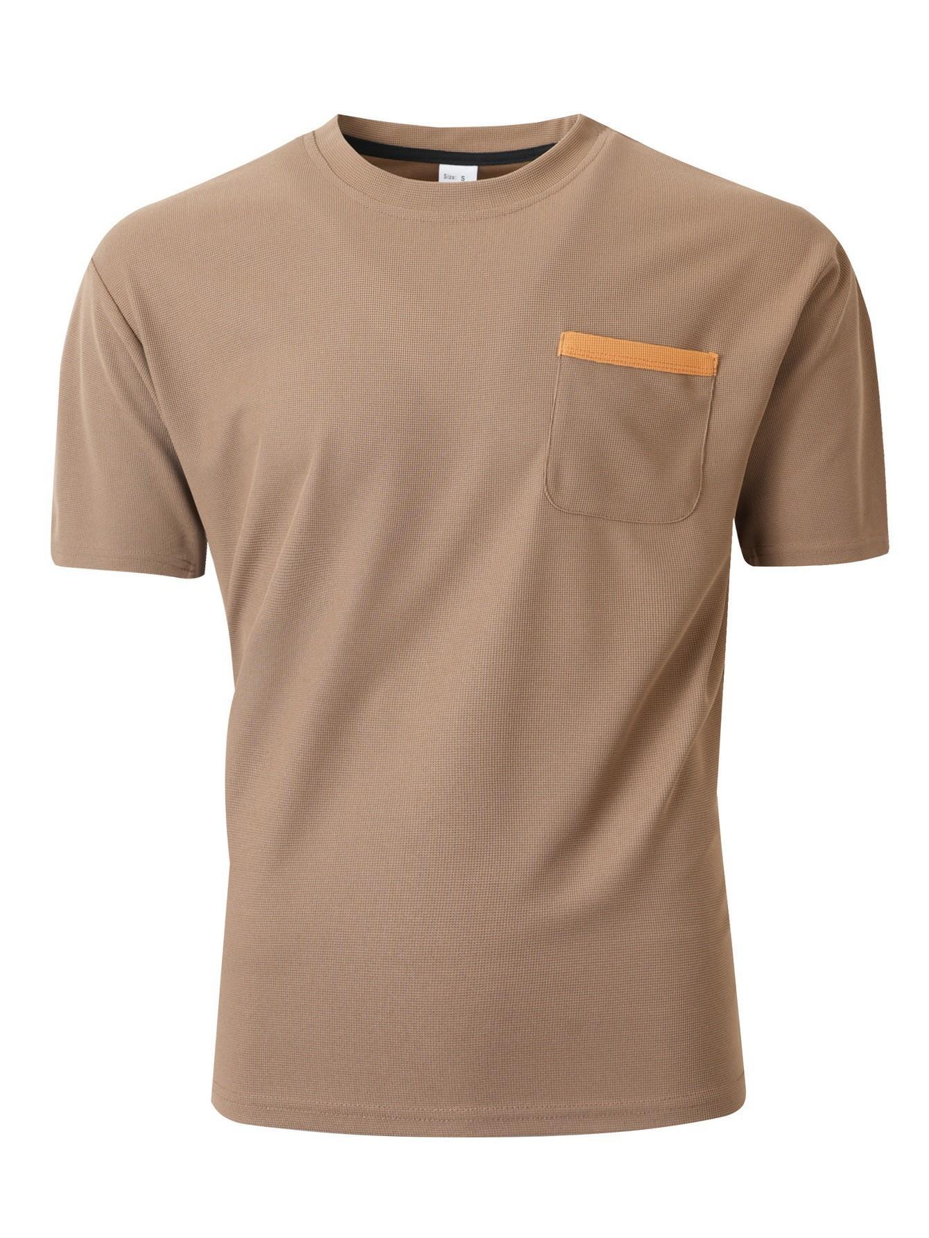 

2025 Новая вафельная футболка с коротким рукавом для мужчин, круглый вырез, лето, однотонная, цветной блок, повседневная S хаки