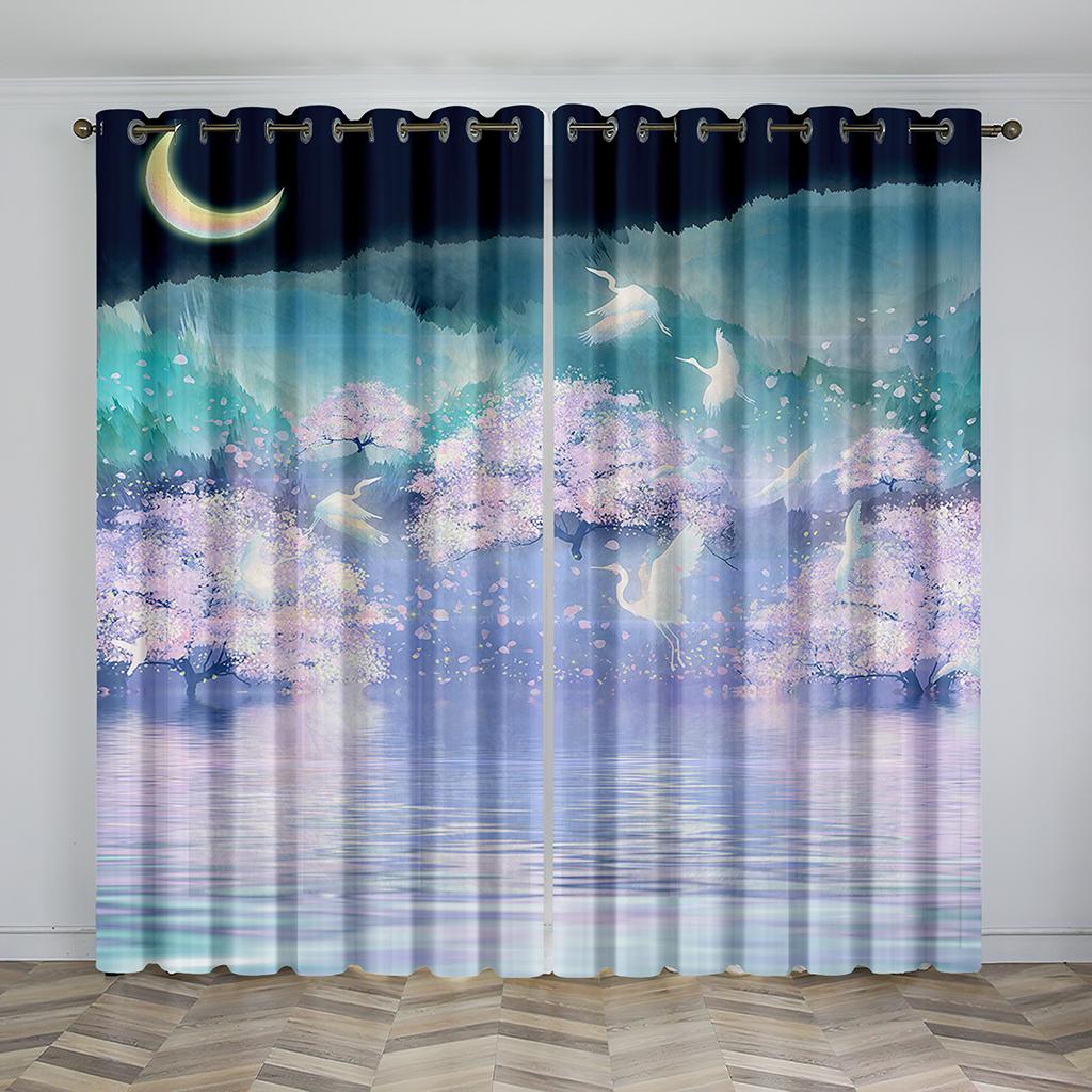 Cherry Blossom Design Curtain Flowers Trees Landscape Sunshade Curtain Living Room Bedroom Home Decoration Thin Curtain 2 Pieces