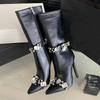 Eilyken Street Style Design CRYSTAL Women Knee-High Boots Sexy Pointed Toe Thin Heels Zipper Stripper Winter Ladies Shoes