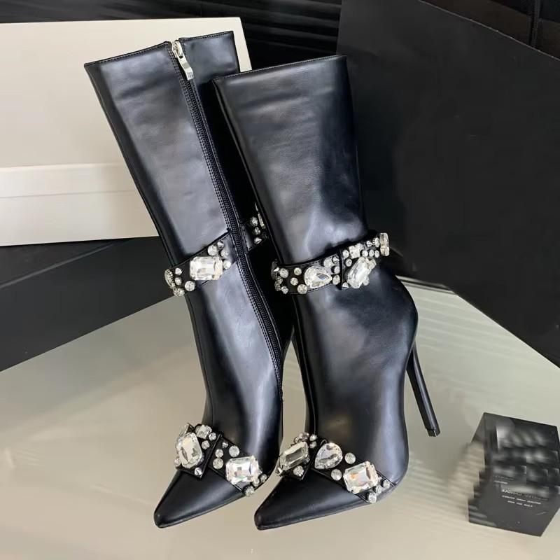 Eilyken Street Style Design CRYSTAL Women Knee-High Boots Sexy Pointed Toe Thin Heels Zipper Stripper Winter Ladies Shoes