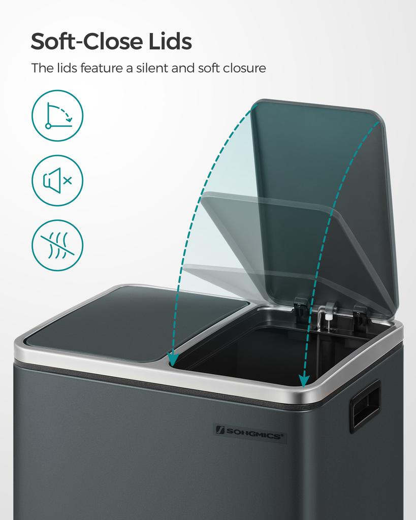 SONGMICS Kitchen Bin, 2 X 4 Gallon (2 X 15 L) Double Pedal Bin for Recycling and Waste, 15 Liners Included, Inner Buckets, Soft Close for Small Spaces