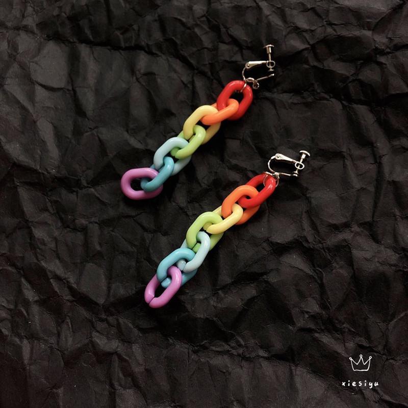 Harajuku Style Rainbow Acrylic Chain Earrings – Colorful Candy Ear Clips for Women