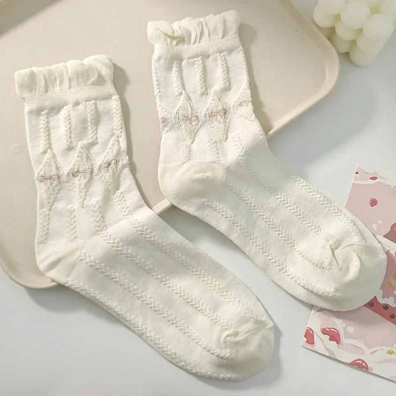 Simple White Socks Versatile Lovely Bowknot Small Flowers Women's Medium Tube Socks kawaii Harajuku jk Lolita Girls Cotton