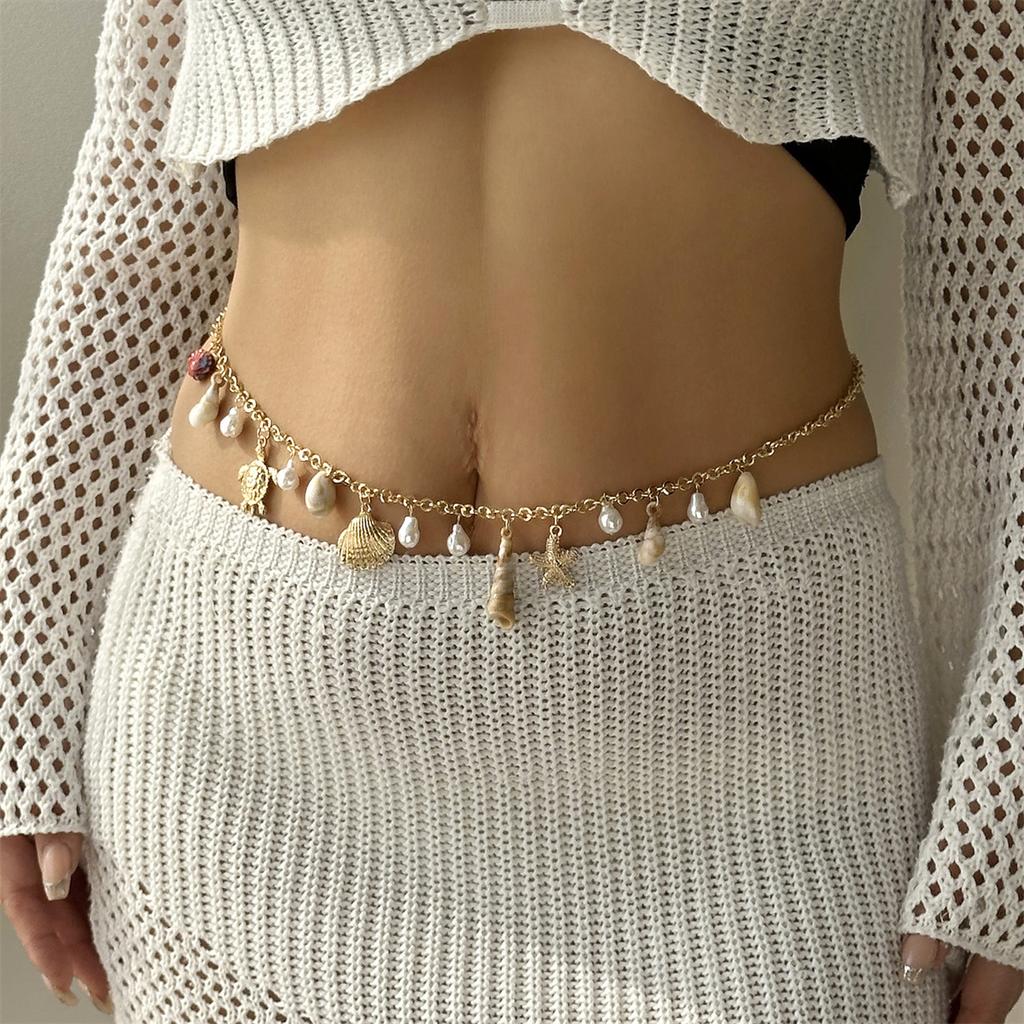 Resin Starfish Shell Pendant Waist Chain for Women Handmade Rice Beads Double Layer Belly Chain Summer Bohemia Body Jewelry