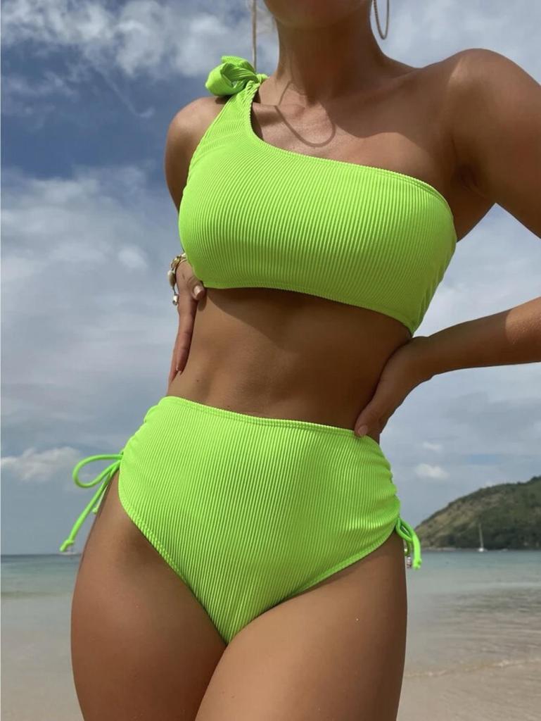 New European-American Sexy Solid Color Split Tethered Bikini Swimsuit for Women