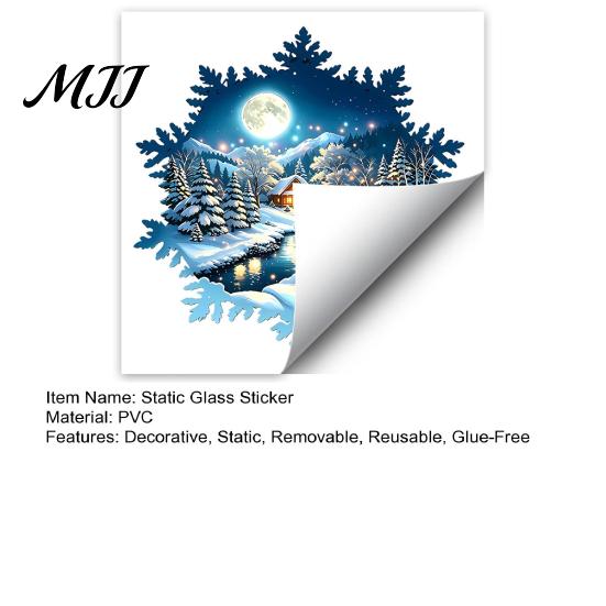 Transparent PVC Festive Decor Snowy House Window Cling, Static Sticker with Moonlit Forest Scene and Easy to Remove Glass Art Large Snowflake