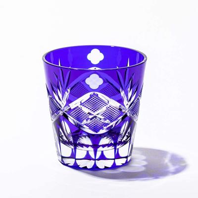 Kobo Official Direct Edo Kiriko Yotsuba Genroku Crest Tenkai Old Glass Wooden Box Made In Japan [Taimuro Sales] (Ruri) TB90625-4B