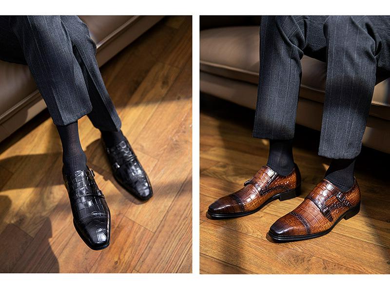 Men's Genuine Leather Slip-On Monk Shoes - Square Toe Business Casual