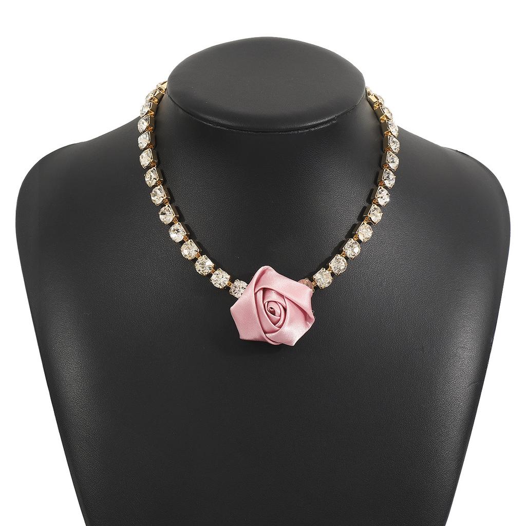 French Retro Fabric Rose Necklace, Romantic Light Luxury Diamond Flower Design Collarbone Chain