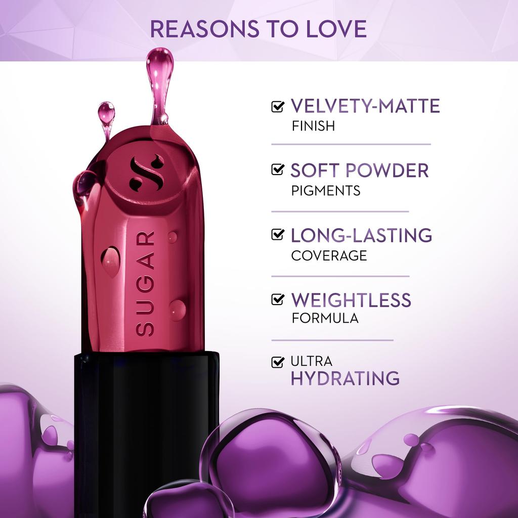 SUGAR Cosmetics Glide Peptide Serum Lipstick with Hyaluronic Acid & Vitamin E | Velvet Matte Finish | Long Lasting & Pigmented | 1 Swipe Full Cover