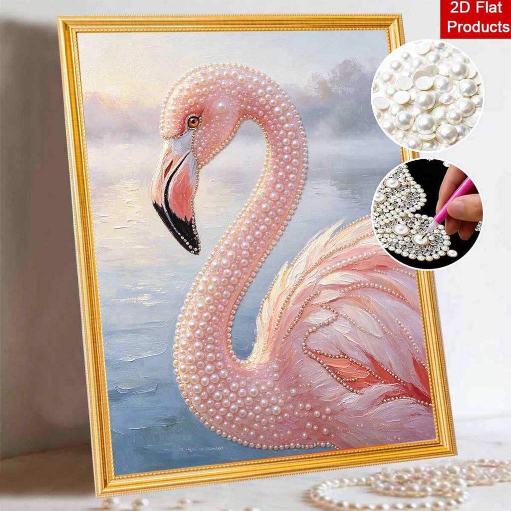 DIY Framed Pearl Painting Kit Pink Flamingo 3D Sparkling Bead Art Canvas Elegant Home Wall Decor Gift for Women Craft Project Decor Idea