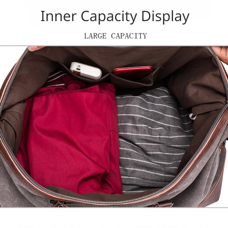 Simple Men Canvas Travel Bag PU Leather Outdoor Sports Gym Fitness Bag Large Capacity Multiple Pockets Handbag Weekend Carry On Duffel Bag