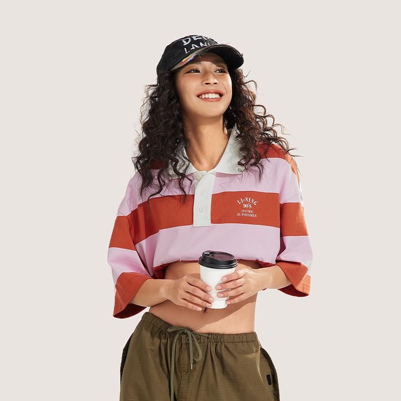 Li Ning Weekend Youth Casual Comfortable Striped Polo Shirt Unisex Polo Shirts Sunshine-Dirty-Orange APLU235-4