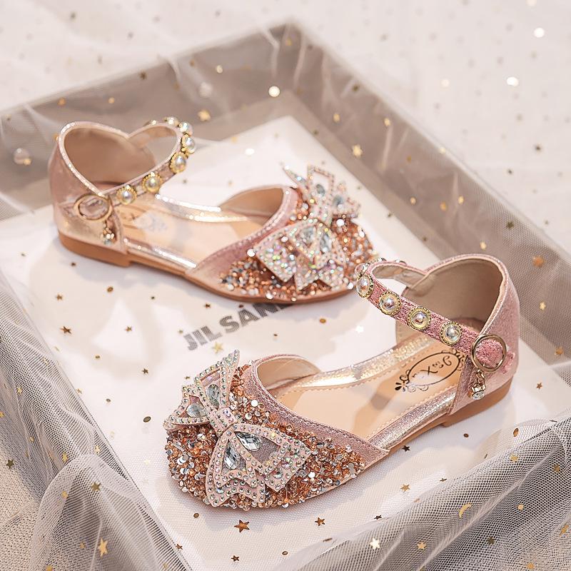 2026 Spring/Summer Rhinestone Bow Princess Shoes for Girls - Soft Sole Crystal Performance Footwear.