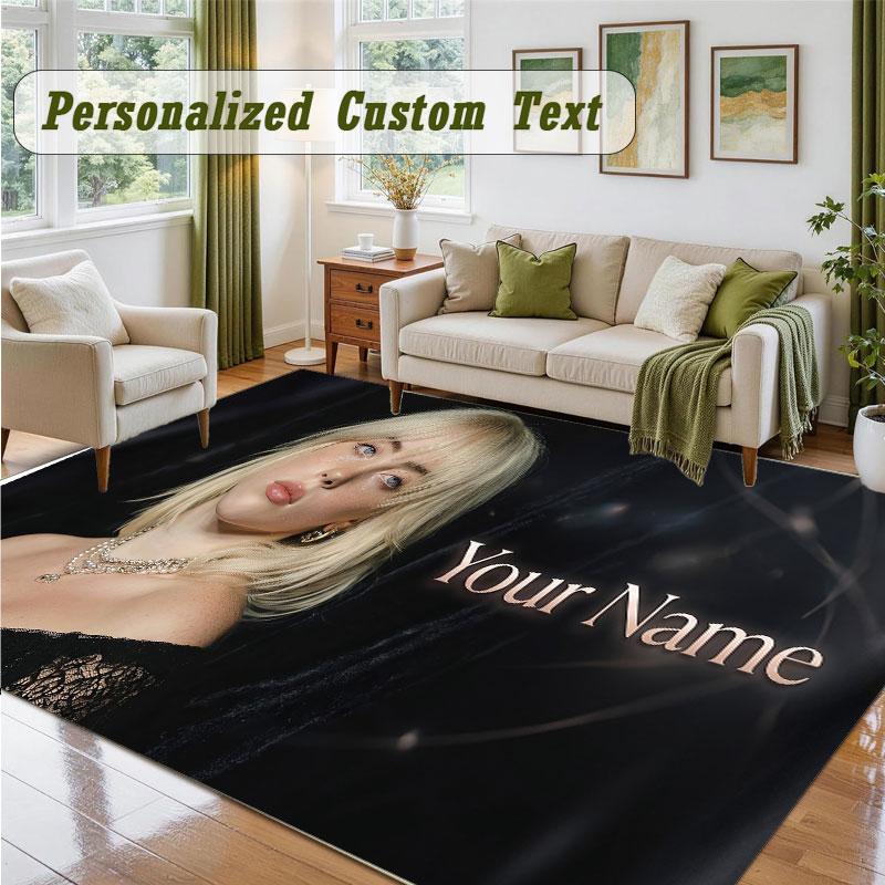 Crystal Velvet Square Rug Custom NameBillie Eilish Pattern Non Slip Home Floor Decor Rug