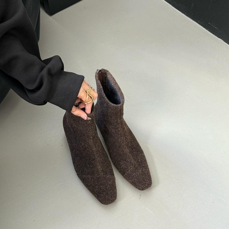 

Винтажная шерстяная ткань Женские ботильоны на толстом каблуке Модная обувь для танцев и вечеринок Осенне-зимние женские облегающие короткие ботильоны 35