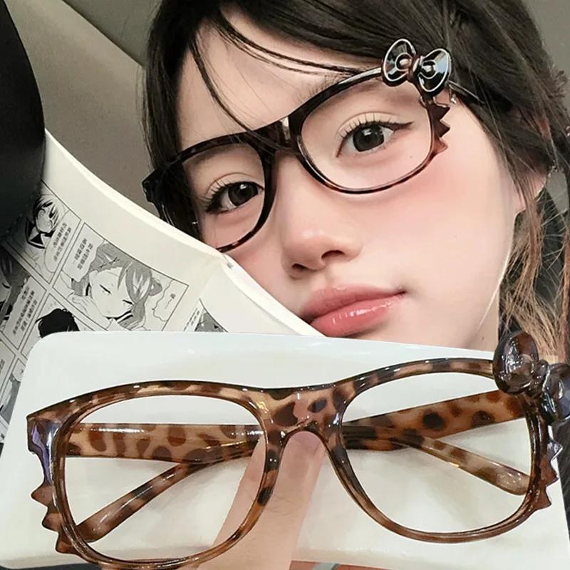 Cat Ear Leopard Cat Bow Glasses Frame No Lenses Cosplay Vintage Halloween Party Costumes Props Decorative Y2K DIY Frames