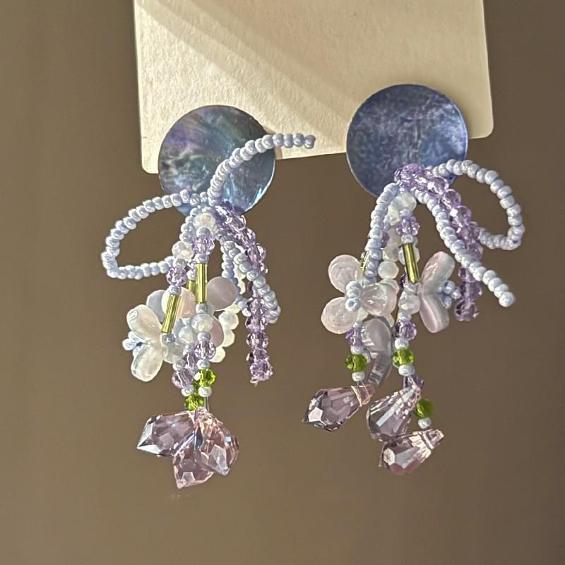Silver needle chiffon flower fringed stud earrings sweet Mori dopamine earrings niche trend versatile earrings fashion women