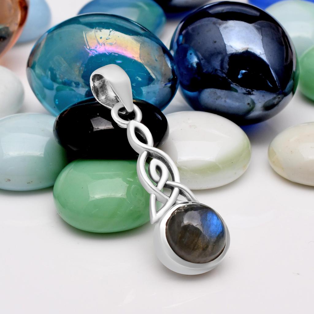 Natural Labradorite 10mm Round Gemstone Celtic Knot Triquetra Pendant 925 Sterling Silver Pendant For Women & Girls