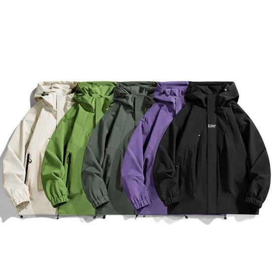 Couple Waterproof Jacket Hooded Long Sleeve Spring Autumn Casual Jacket with Pockets Solid Color Outdoor Travel Outerwear
