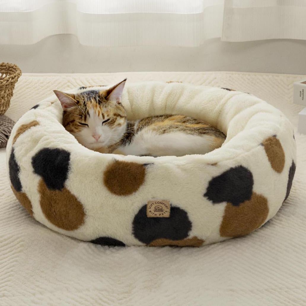 

Cat Dog Pet Bed Pet Cushion Round Shape Fluffy Volume Warm All Seasons Washable Calico Pattern [Chez Moi] Anti-slip