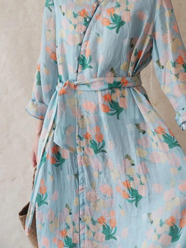 Johnature Women Vintage Print Floral Bandage Dresses V-Neck Long Sleeve High Quality Robes Spring Button Dress