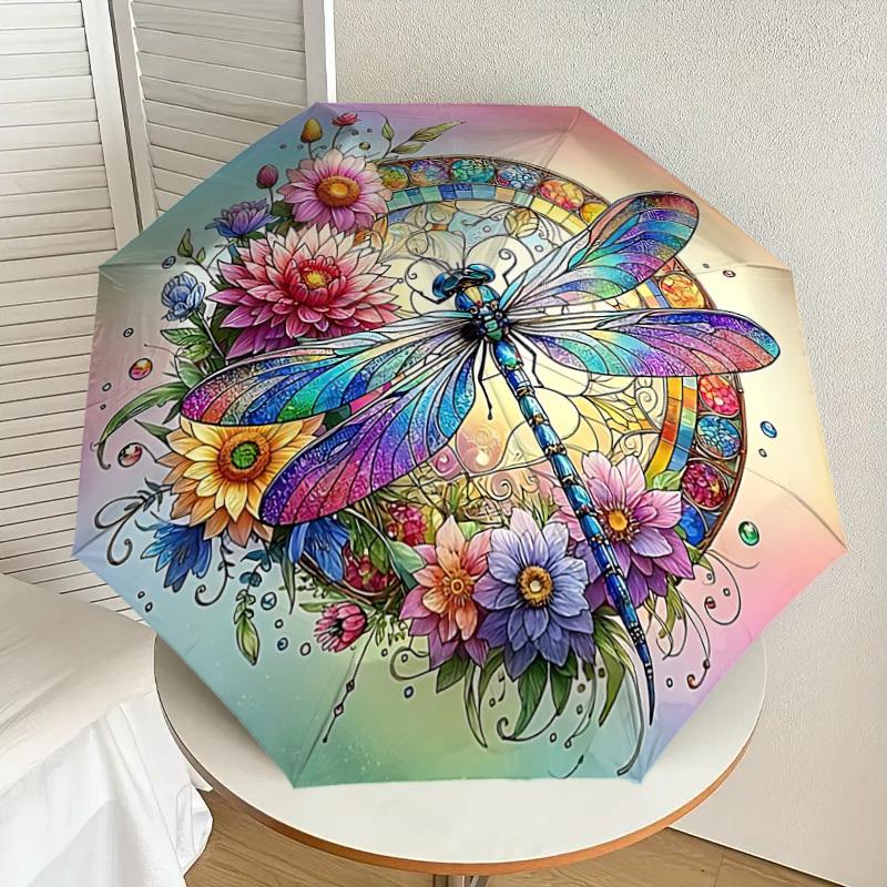 1PC Dragonfly FlowersAutomatic Open/Close Umbrella with Windproof, 8-Rib Sturdy Canopy, Durable Ribs, Fashionable Design, Outdoor Accessory, Fun Prin,