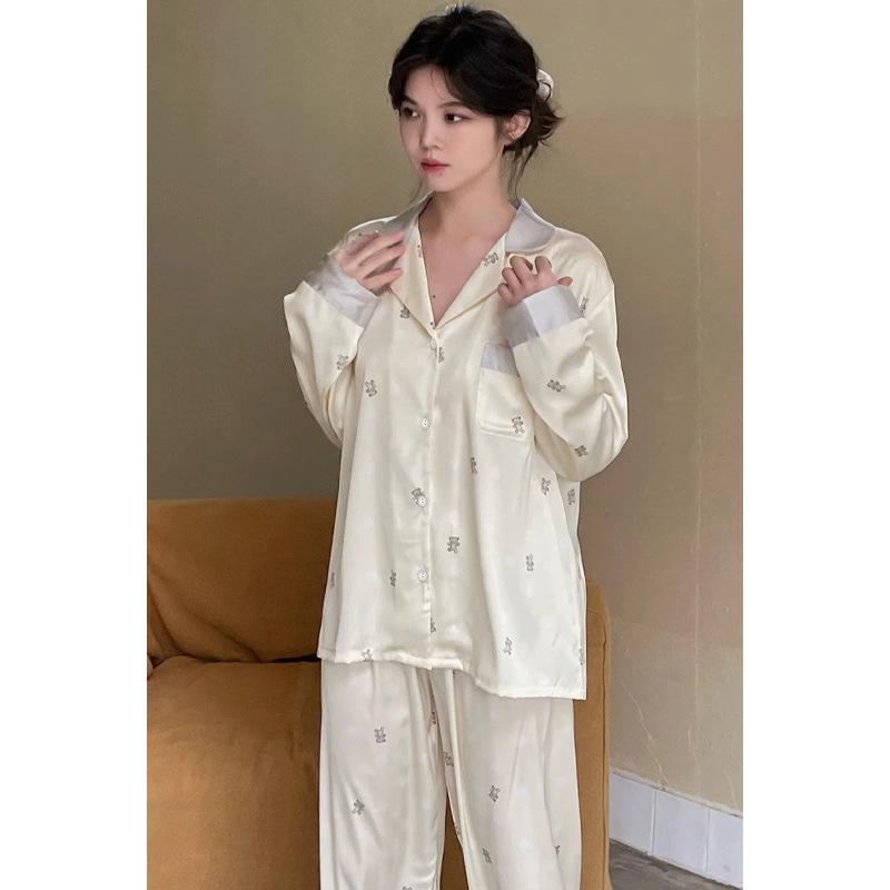 Spring High-End Bear Print Pajamas Women'S Cardigan Ice Silk Trousers Loungewear Two-Piece Set