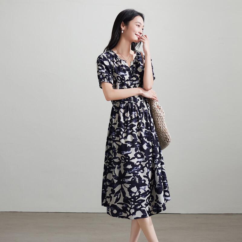 SOFSIL 2026 Summer French Print V-Neck A-Line Dress