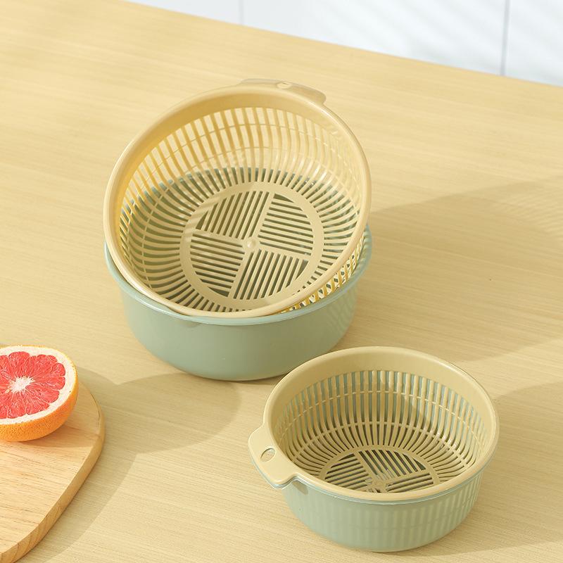 Vegetable Basin Plastic Double-Layer Drain Basket Leaky Basin Rice Vegetable Blue Vegetable Basin Household Kitchen Fruit Plate