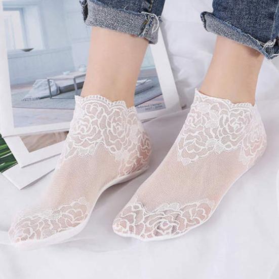 Women Rose Lace Socks Thin Transparent Elastic Mesh Stockings Breathable Anklet