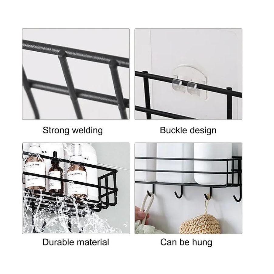 2 Pcs Stainless Steel Bathroom Shelf for Wall | Self Adhesive Bathroom Organiser | 4 Hooks for Towel Holder | Space-Saving Wall Mounted Bathroom Shelf