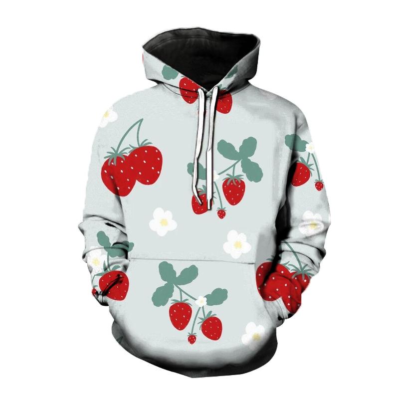Dámska mikina s 3D potlačou jahody Roztomilý ovocný vzor Voľný ležérny top s dlhým rukávom Módna pohodlná unisex mikina
